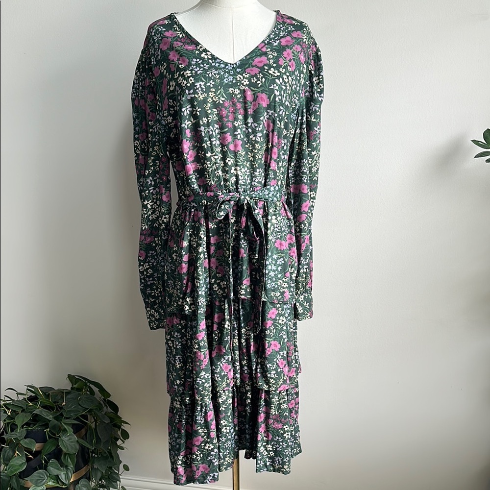 Womens L Long Sleeve Floral Cottagecore‎ Tiered Feminine Midi Dress Peasant Boho